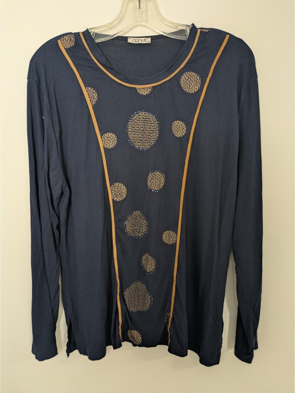Oreya Navy Blue Gold Circles Long Sleeve Top Embellished Tunic Women's XXL
